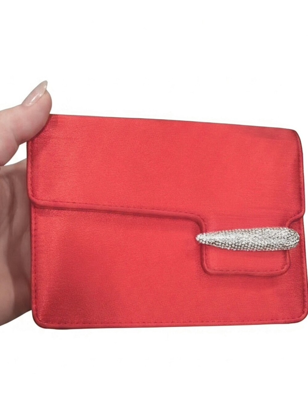 Swarovski Red Satin Evening Clutch Purse Featuring Pave Crystal 6x4.5x1.25"